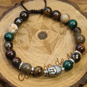 Buda de plata .925, separadores de plata .925 con cuarzo ahumado facetado, piedra malaquita, ojo de tigre, ojo de buey,jaspe sangre de dragón, agata