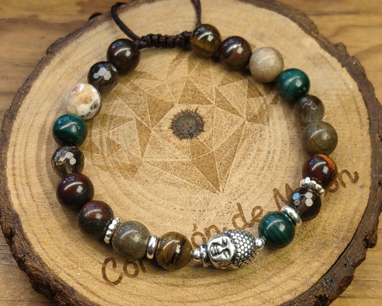 Buda de plata .925, separadores de plata .925 con cuarzo ahumado facetado, piedra malaquita, ojo de tigre, ojo de buey,jaspe sangre de dragón, agata