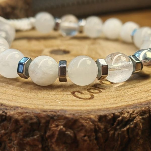 Esfera de plata .925 con cuarzo blanco. piedra luna con separadores de piedra hematita