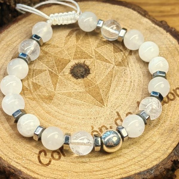 Esfera de plata .925 con cuarzo blanco. piedra luna con separadores de piedra hematita 2
