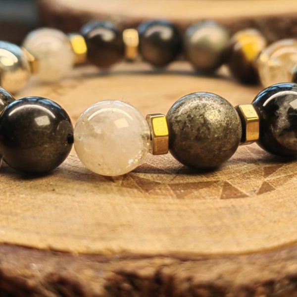 Esfera de plata .925 con, ojo de tigre, piedra pirita, obsidiana, turmalina, cuarzo citrino con separadores de piedra hematita 2