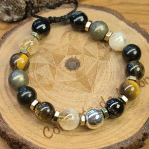 Esfera de plata .925 con, ojo de tigre, piedra pirita, obsidiana, turmalina, cuarzo citrino con separadores de piedra hematita