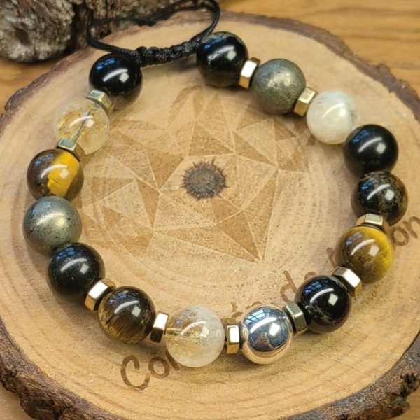 Esfera de plata .925 con, ojo de tigre, piedra pirita, obsidiana, turmalina, cuarzo citrino con separadores de piedra hematita