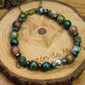 Esfera de plata .925 con piedra Malaquita, jaspe piccaso, ojo de tigre, jaspe con separadores de piedra hematita