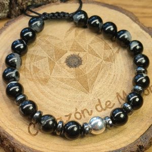 Esfera de plata .925 con piedra Turmalina con separadores de piedra hematita
