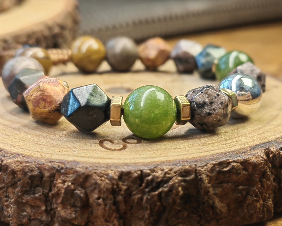 Esfera de plata .925 con piedra jaspe, jade, ojo de tigre con separadores de piedra hematita 2