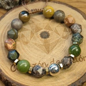 Esfera de plata .925 con piedra jaspe, jade, ojo de tigre con separadores de piedra hematita