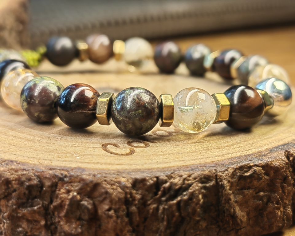 Esfera de plata .925 con piedra obsidiana, cuarzo citrino, ojo de tigre, ojo de buey, jaspe sangre de dragon con separadores de piedras hematitas 2