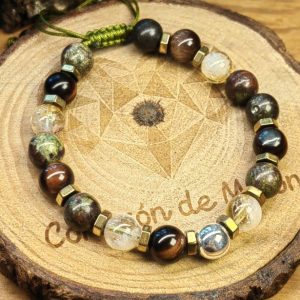 Esfera de plata .925 con piedra obsidiana, cuarzo citrino, ojo de tigre, ojo de buey jaspe sangre de dragon con separadores de piedras hematitas