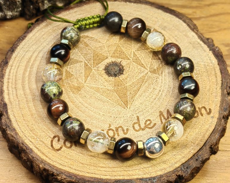 Esfera de plata .925 con piedra obsidiana, cuarzo citrino, ojo de tigre, ojo de buey jaspe sangre de dragon con separadores de piedras hematitas