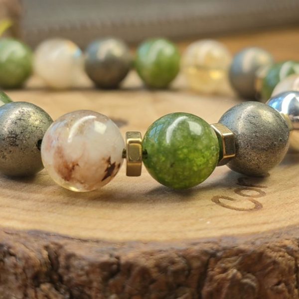 Esfera de plata .925 con piedra pirita, jade y cuarzo citrino con separadores de piedra hematita 2