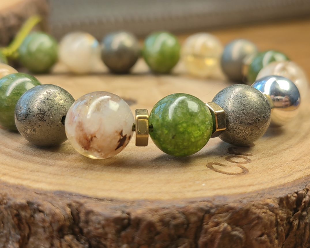 Esfera de plata .925 con piedra pirita, jade y cuarzo citrino con separadores de piedra hematita 2
