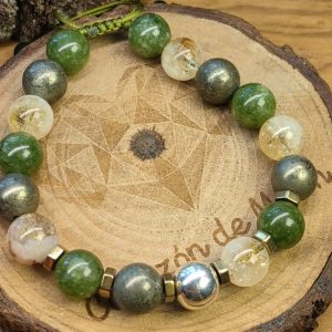 Esfera de plata .925 con piedra pirita, jade y cuarzo citrino con separadores de piedra hematita