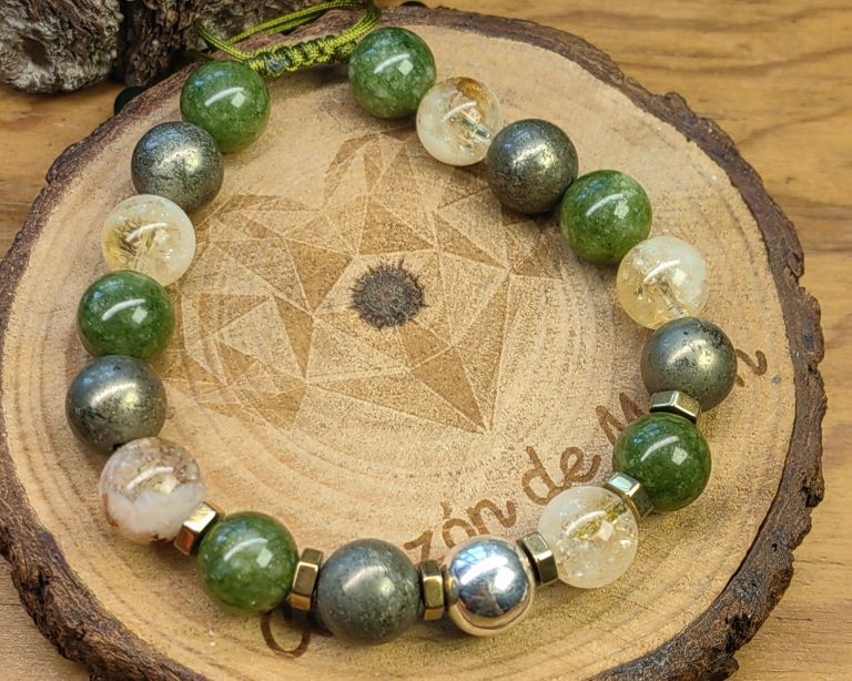 Esfera de plata .925 con piedra pirita, jade y cuarzo citrino con separadores de piedra hematita