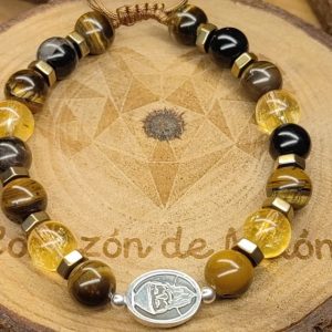 Medalla San Charbel plata .925 bolitas en plata con piedra turmalina, cuarzo citrino, ojo de tigre, con separadores de piedras hematitas