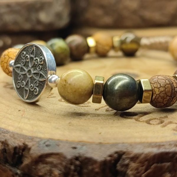 Medalla de Nudo de Bruja en plata .925, bolitas de plata .925 con agata tibetana, piedra pirita,jaspe piccaso, ojo de tigre,tuqiesa africana con separadores de piedras hematitas 3