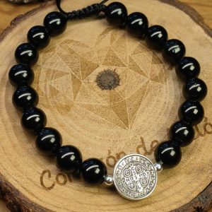 Medalla de San Benito Gde. Plata .925 bolitas en plata con Piedra turmalina