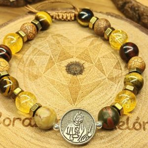 Medalla de San Judas en plata .925, bolitas de plata .925 con piedra ojo de tigre, ojo de buey, agata tibetana, cuarzo citrino con separadores de piedra hematita