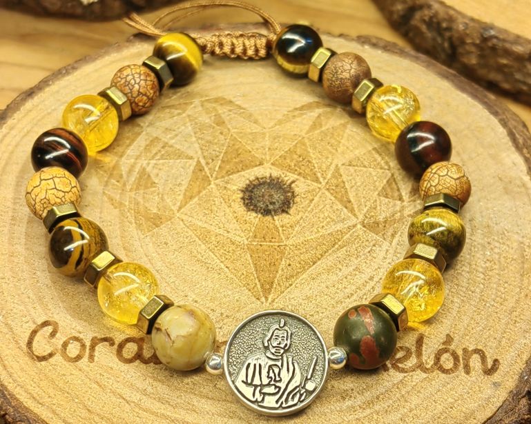 Medalla de San Judas en plata .925, bolitas de plata .925 con piedra ojo de tigre, ojo de buey, agata tibetana, cuarzo citrino con separadores de piedra hematita